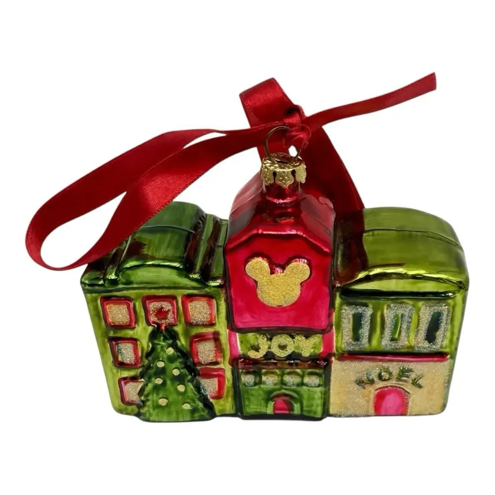 Disney World Mickey Mouse Christmas Ornament House Joy Noel Green Red EUC